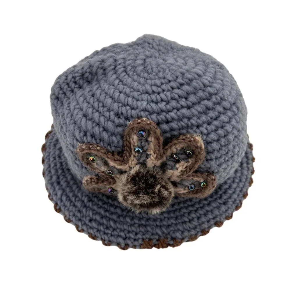 Vintage Inspired Cloche Crochet Knit Faux Fur Flower Beanie Bucket Hat